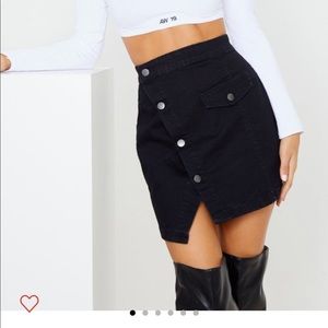 Black Pocket Button Through Asymmetric Denim Skirt